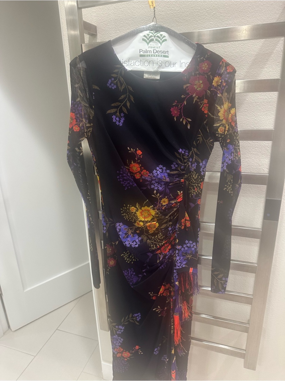 Black Floral Long-Sleeve Midi Dress with Purple & Red Blooms